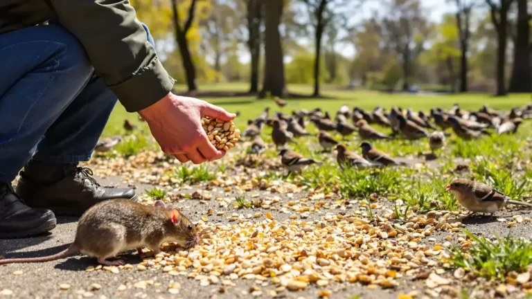 Zaden op de grond gooien lokt ratten aan en bevordert de verspreiding van ziekten onder vogels